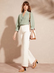 Love & Roses Sage Green Dobby Spot Lace Trim 3/4 Sleeve Button Through Blouse - Image 4 of 4