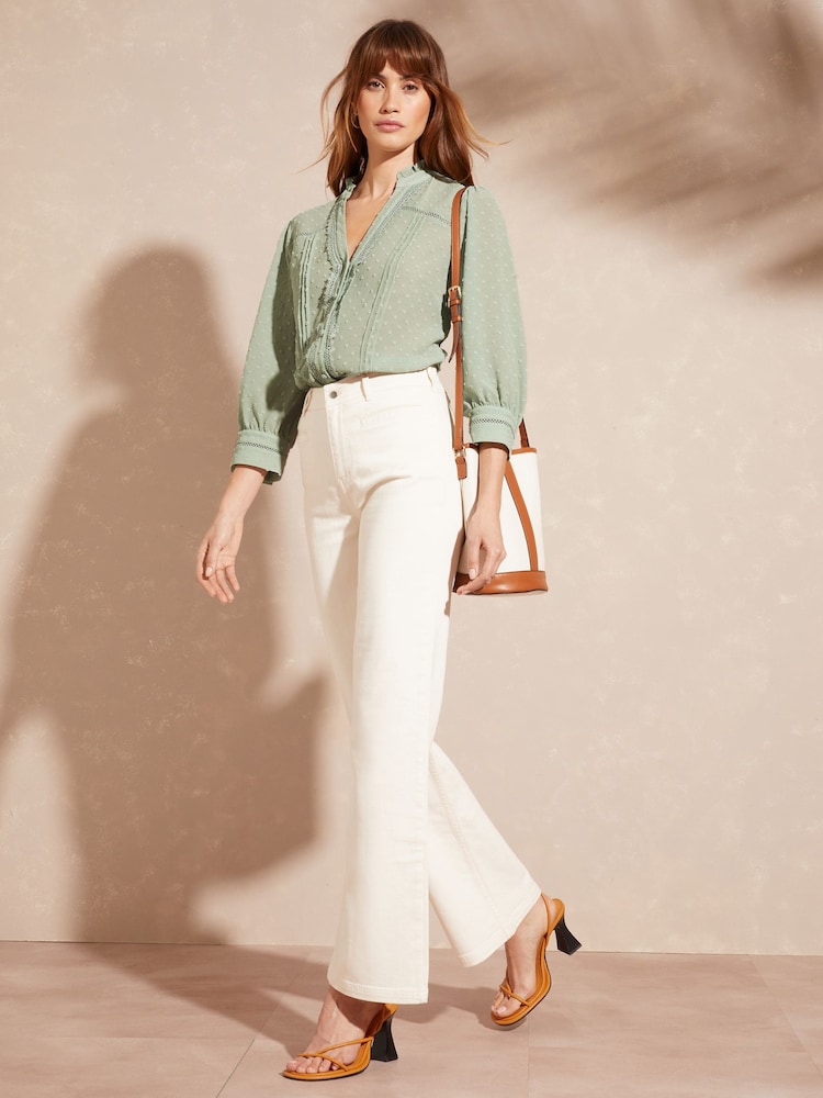 Love & Roses Sage Green Dobby Spot Lace Trim 3/4 Sleeve Button Through Blouse - Image 4 of 4
