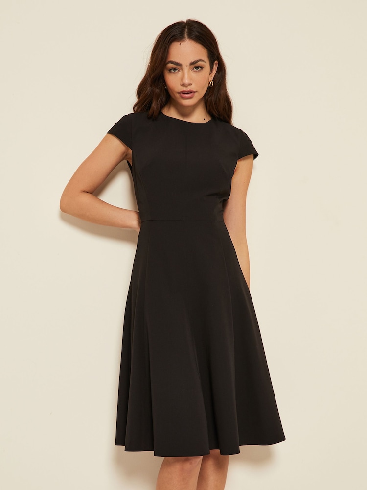 Friends Like These Black Petite Tailored Fit and Flare Short Sleeve Skater Dress - Image 1 of 4 Friends Like These Black Petite Tailored Fit and Flare Short Sleeve Skater Dress - Image 1 of 4