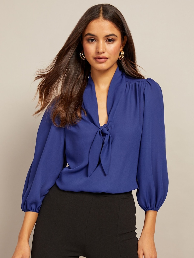 Friends Like These Blue V Neck Bow Front 3/4 Sleeve Blouse - Image 1 of 4