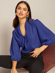 Friends Like These Blue V Neck Bow Front 3/4 Sleeve Blouse - Image 4 of 4