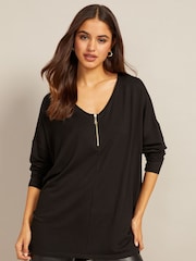 Friends Like These Black Zip Soft Jersey V Neck Long Sleeve Tunic Top - Image 1 of 4