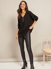 Friends Like These Black Zip Soft Jersey V Neck Long Sleeve Tunic Top - Image 3 of 4