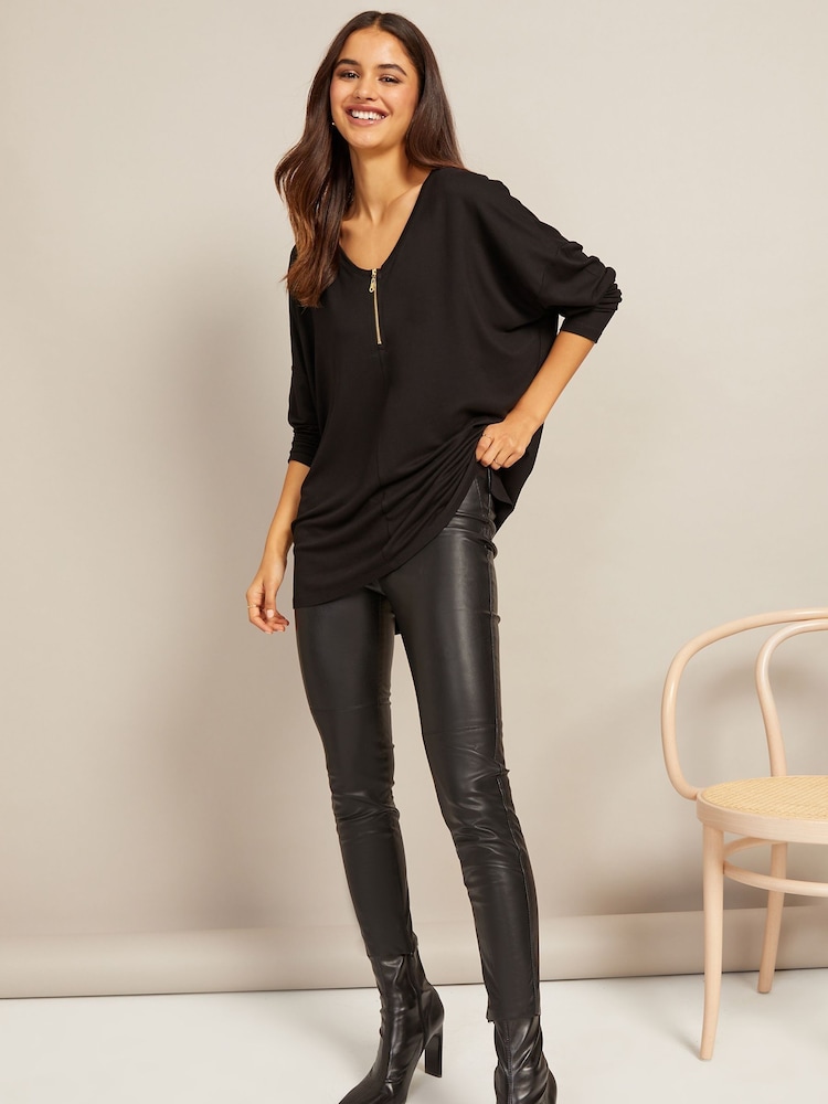 Friends Like These Black Zip Soft Jersey V Neck Long Sleeve Tunic Top - Image 3 of 4