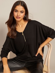 Friends Like These Black Zip Soft Jersey V Neck Long Sleeve Tunic Top - Image 4 of 4