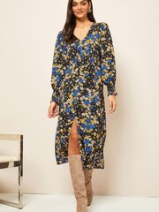 Friends Like These Black V Neck Shirred Midi Dress - Image 1 of 4