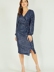 Yumi Navy Blue Sequin Long Sleeve Ruched Wrap Dress - Image 1 of 5
