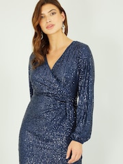 Yumi Navy Blue Sequin Long Sleeve Ruched Wrap Dress - Image 2 of 5