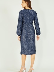 Yumi Navy Blue Sequin Long Sleeve Ruched Wrap Dress - Image 4 of 5
