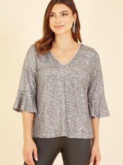 Yumi Silver Sequin Flute Sleeve Top - Image 1 of 4