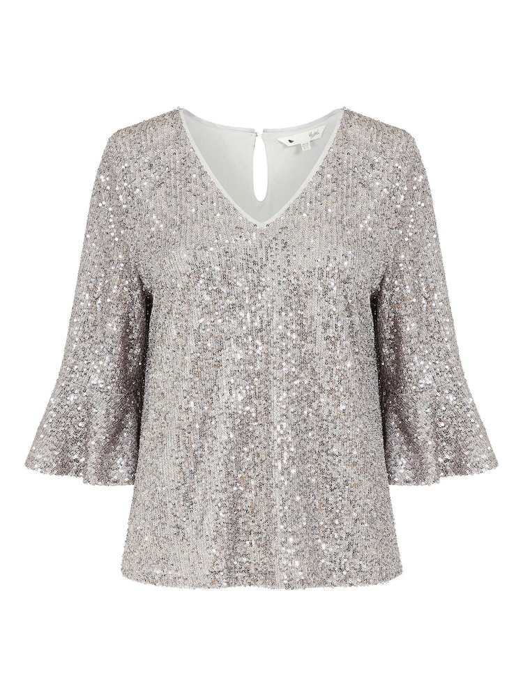 Yumi Silver Sequin Flute Sleeve Top - Image 4 of 4