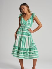 South Beach Green Jacquard Tie Shoulder Summer Dress - Image 1 of 5