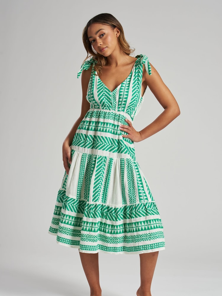 South Beach Green Jacquard Tie Shoulder Summer Dress - Image 1 of 5
