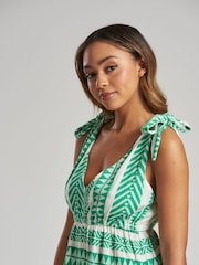 South Beach Green Jacquard Tie Shoulder Summer Dress - Image 2 of 5