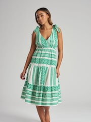 South Beach Green Jacquard Tie Shoulder Summer Dress - Image 4 of 5