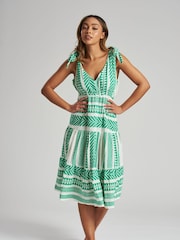 South Beach Green Jacquard Tie Shoulder Summer Dress - Image 5 of 5