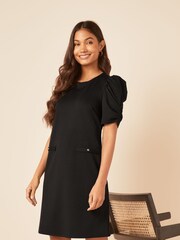 Friends Like These Black Petite Short Puff Sleeve Round Neck Shift Dress - Image 1 of 4