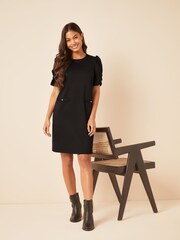 Friends Like These Black Petite Short Puff Sleeve Round Neck Shift Dress - Image 3 of 4