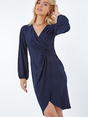 Dusk Blue Swirl Print Ring Buckle Wrap Dress - Image 1 of 5