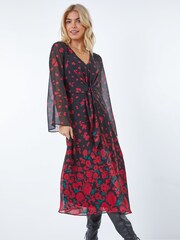 Dusk Red Rose Print Chiffon Midi Dress - Image 1 of 5