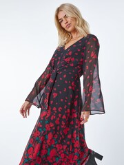 Dusk Red Rose Print Chiffon Midi Dress - Image 2 of 5