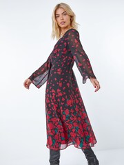 Dusk Red Rose Print Chiffon Midi Dress - Image 3 of 5