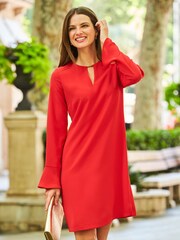 Sosandar Red Gold Tab Detail Flute Sleeve Shift Dress - Image 3 of 6