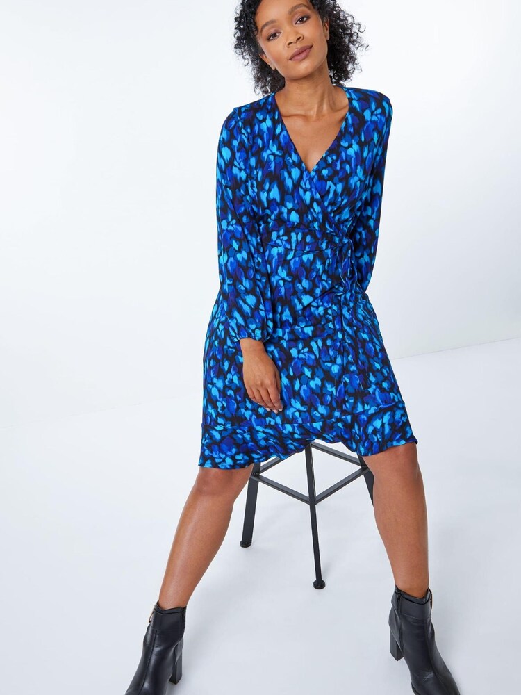 Roman Blue & Black Petite Petite Animal Stretch Wrap Dress - Image 2 of 5