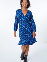 Roman Blue & Black Petite Petite Animal Stretch Wrap Dress - Image 4 of 5