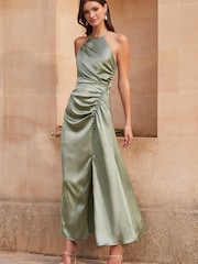 Lipsy Green Ciara Satin Split Halter Bridesmaid Maxi Dress - Image 1 of 4