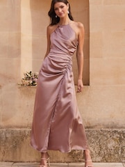 Lipsy Pink Ciara Satin Split Halter Bridesmaid Dress - Image 1 of 4