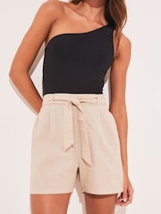 Lipsy Camel Linen High Waist Belted Summer Shorts - Image 1 of 4