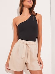 Lipsy Camel Linen High Waist Belted Summer Shorts - Image 4 of 4