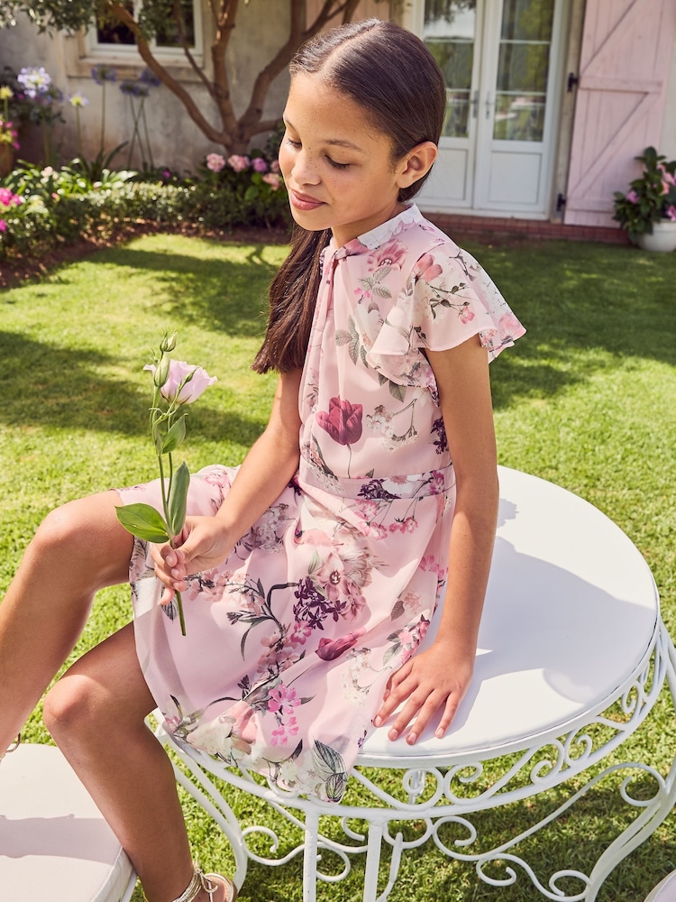 Lipsy Pink Chiffon Occasion Twist Neck Flutter Sleeve Dress - Image 4 of 4 Lipsy Pink Chiffon Occasion Twist Neck Flutter Sleeve Dress - Image 4 of 4