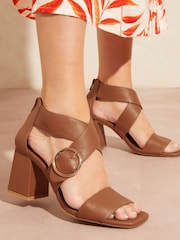 Love & Roses Brown Cross Over Block Heel Buckle Sandals - Image 1 of 4