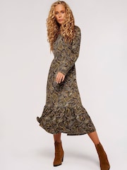 Apricot Green Multi Paisley Tiered Long Sleeve Midi Dress - Image 1 of 4