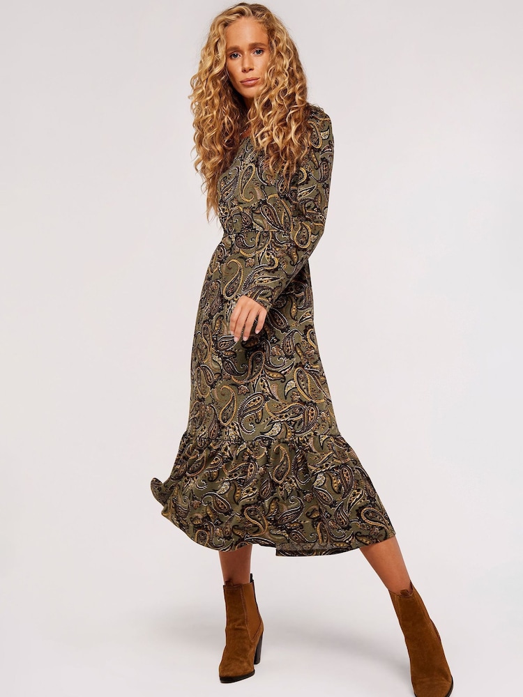 Apricot Green Multi Paisley Tiered Long Sleeve Midi Dress - Image 1 of 4