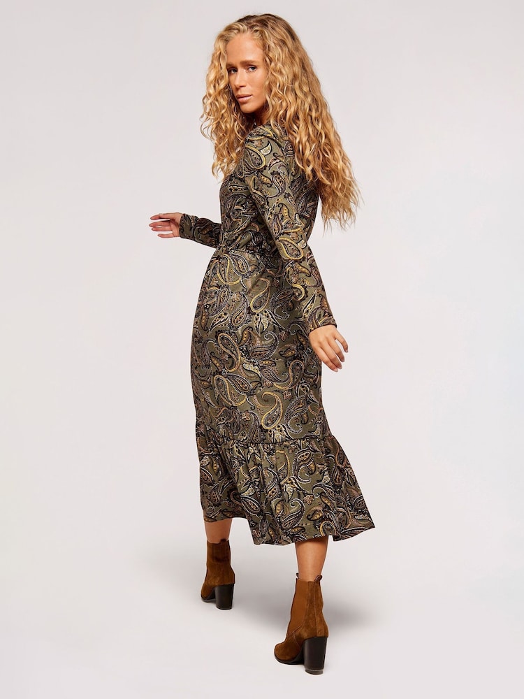 Apricot Green Multi Paisley Tiered Long Sleeve Midi Dress - Image 2 of 4