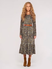 Apricot Green Multi Paisley Tiered Long Sleeve Midi Dress - Image 4 of 4
