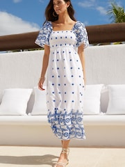Lipsy Ivory White Broderie Shirred Midi Dress - Image 1 of 4