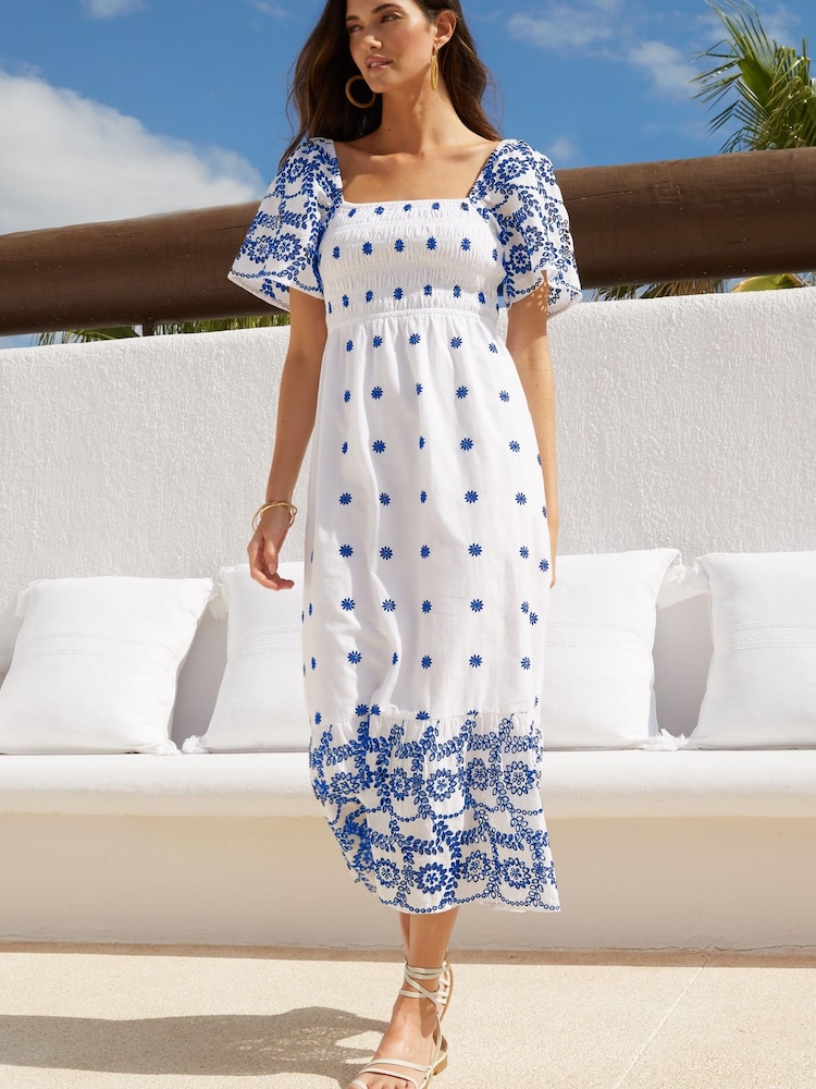 Lipsy Ivory White Broderie Shirred Midi Dress - Image 1 of 4