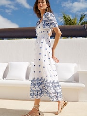 Lipsy Ivory White Broderie Shirred Midi Dress - Image 3 of 4
