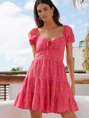 Lipsy Pink Broderie Ruched Sweatheart Puff Sleeve Tiered Mini Dress - Image 1 of 4