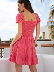 Lipsy Pink Broderie Ruched Sweatheart Puff Sleeve Tiered Mini Dress - Image 2 of 4