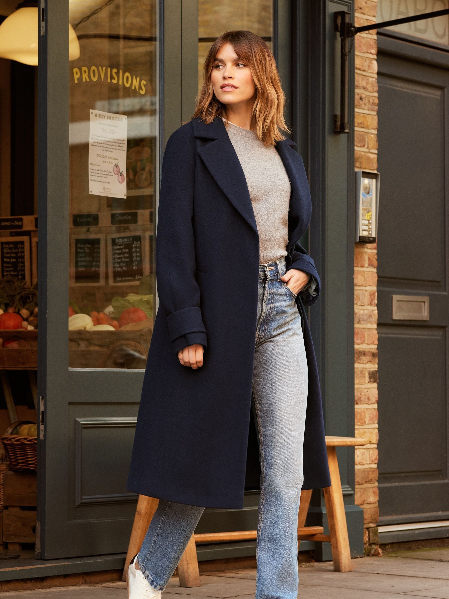 Navy coat with jeans sale