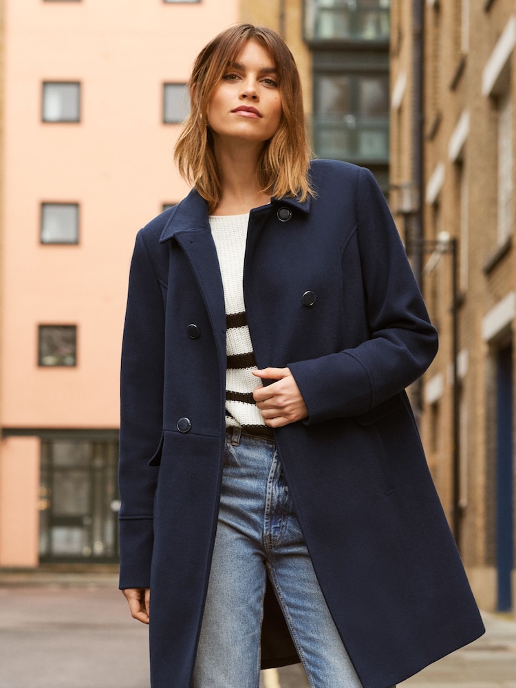 Friends Like These Navy Blue Longline Double Breast Button Dolly Coat - Image 1 of 4