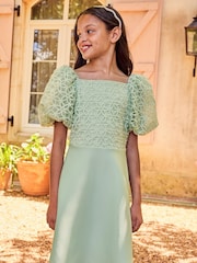 Lipsy Green 2in1 Puff Sleeve Occasion Dress (3yrs-16yrs) - Image 1 of 4