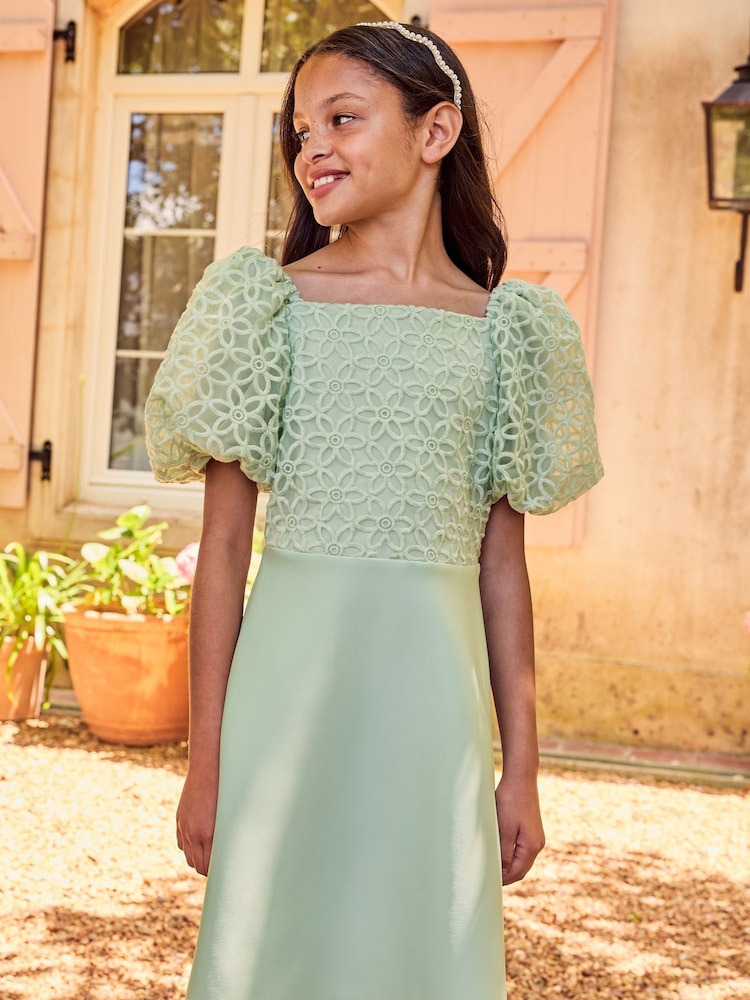 Lipsy Green 2in1 Puff Sleeve Occasion Dress (3yrs-16yrs) - Image 1 of 4