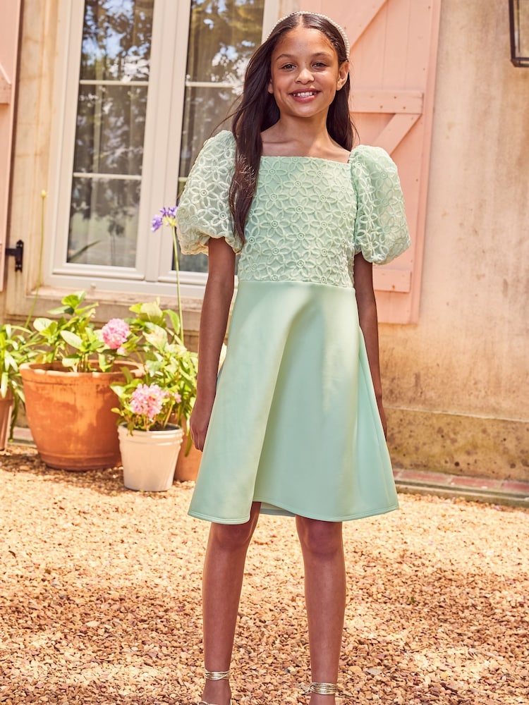 Lipsy Green 2in1 Puff Sleeve Occasion Dress (3yrs-16yrs) - Image 2 of 4