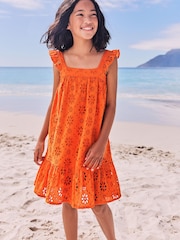 Lipsy Orange Broderie Ruffle Short Sleeve Tiered Trapeze Dress - Image 1 of 4